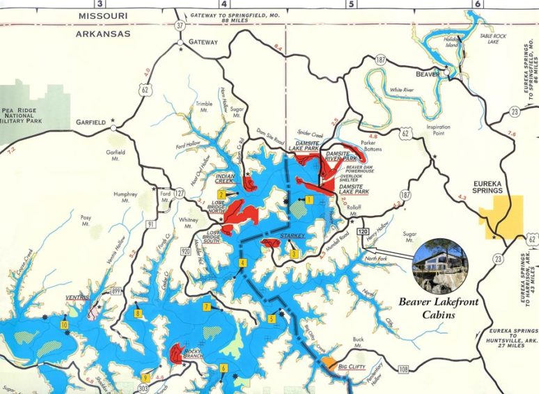 Detailed Map of Beaver Lake Fishing, Beaches, & Cabins